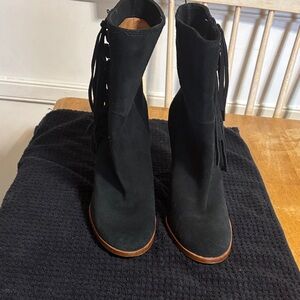 Coach Black Suede Heeled Boots with Fringe